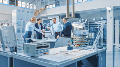 Diverse Team of Industrial Robotics Design Engineers Gathered Around Table with Modern Moving Robot Arm. Specialists Talking, Programming and Manipulating Robot Hand. Bright High Tech Facility