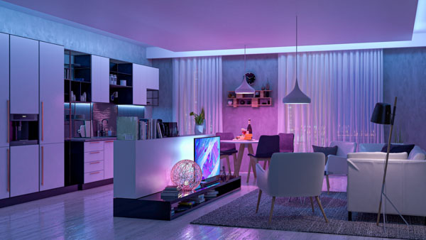 Modern Livingroom with colored led light - Smart home. 3D render